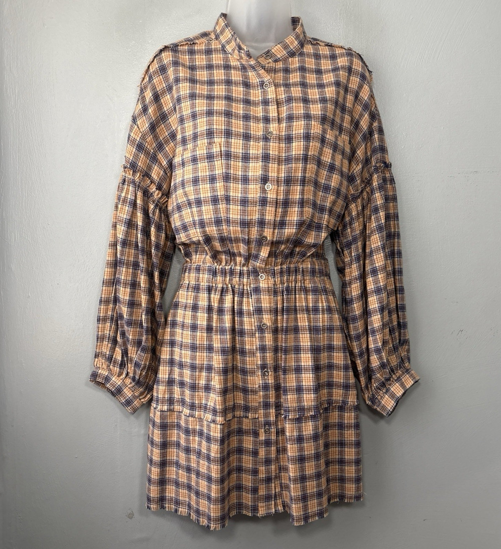Peach Love Plaid Flannel Shirt Dress Size Small Renaissance Boho Poet Western